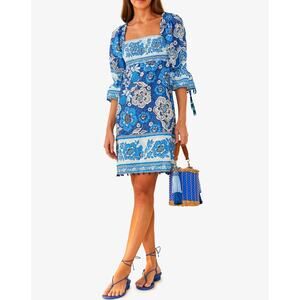 Farm Rio Blue Full of Flowers Mini Dress XS 100% Cotton 3/4 Sleeves Bell Cuffs